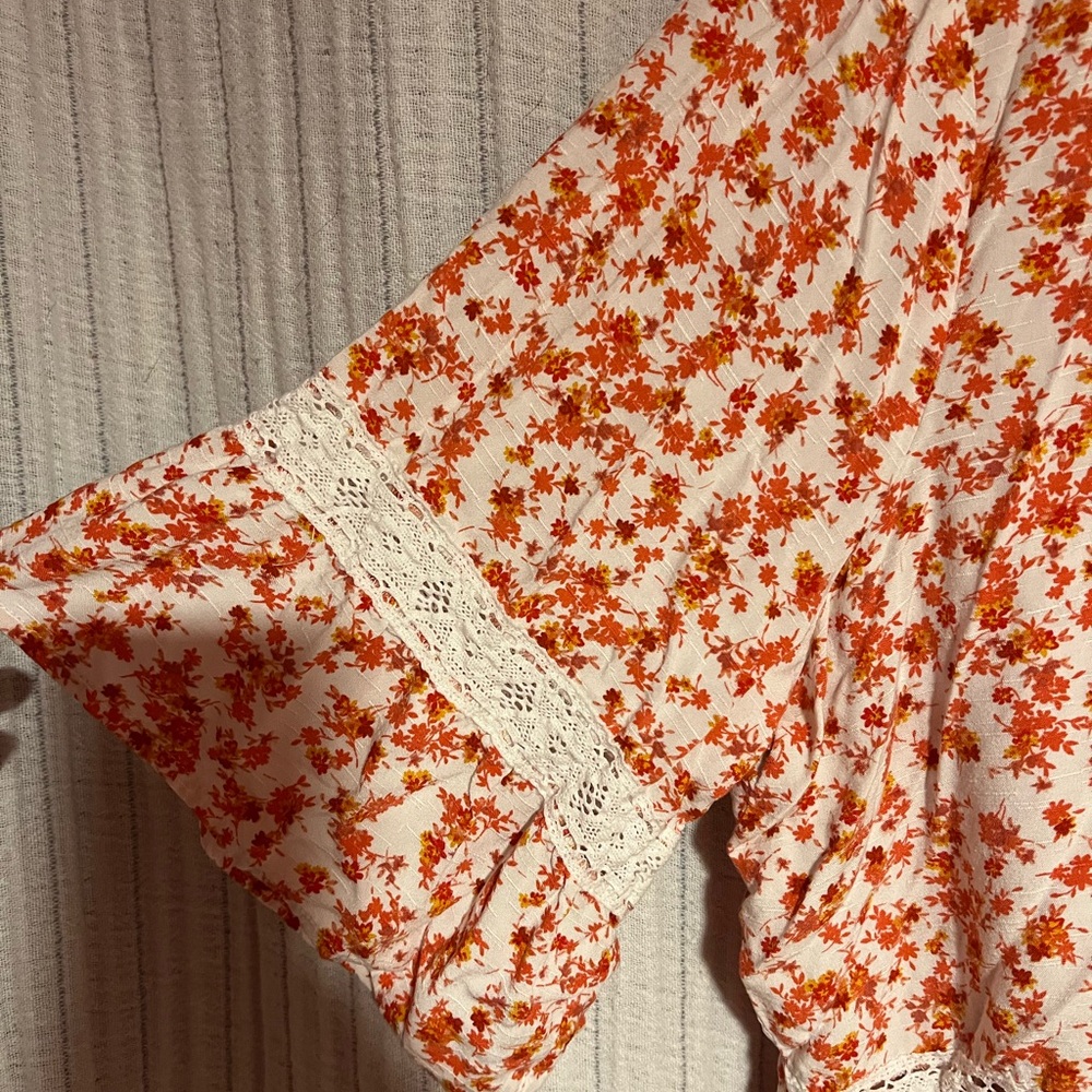 Maurices Red, Orange, and White Floral Blouse with Lace Trim - Picture 2 of 6